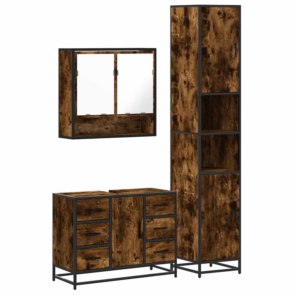 Set mobilier de baie, 3 piese, stejar fumuriu, lemn prelucrat GartenMobel Dekor