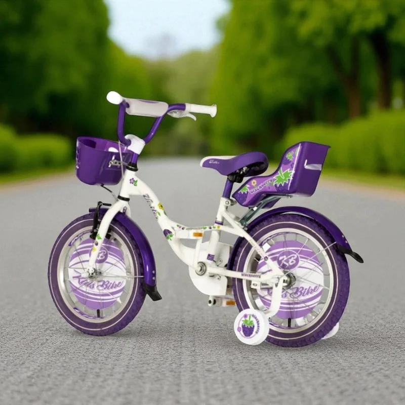 Bicicleta pentru copii, 16 inch, roti ajutatoare, scaun papusi, cos frontal, manere cauciucate, mov blackberry MultiMark GlobalProd