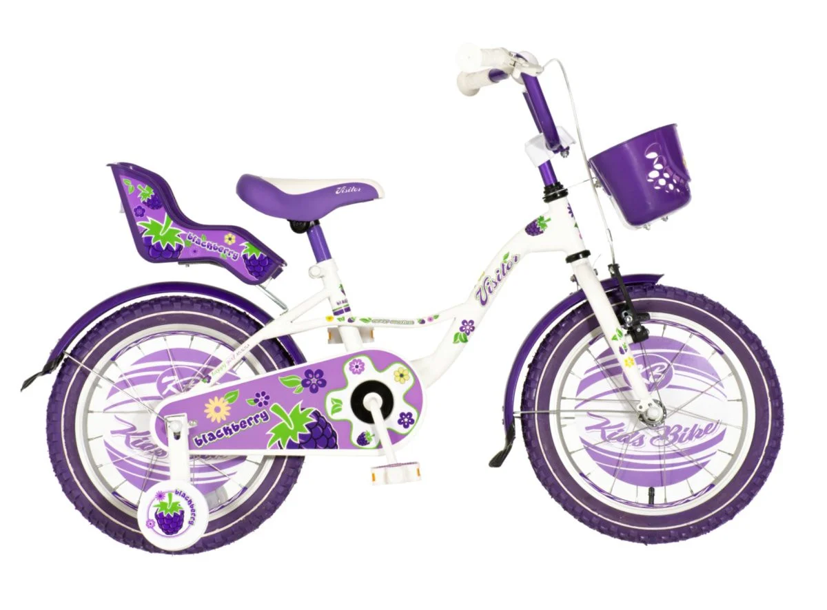 Bicicleta pentru copii, 16 inch, roti ajutatoare, scaun papusi, cos frontal, manere cauciucate, mov blackberry MultiMark GlobalProd