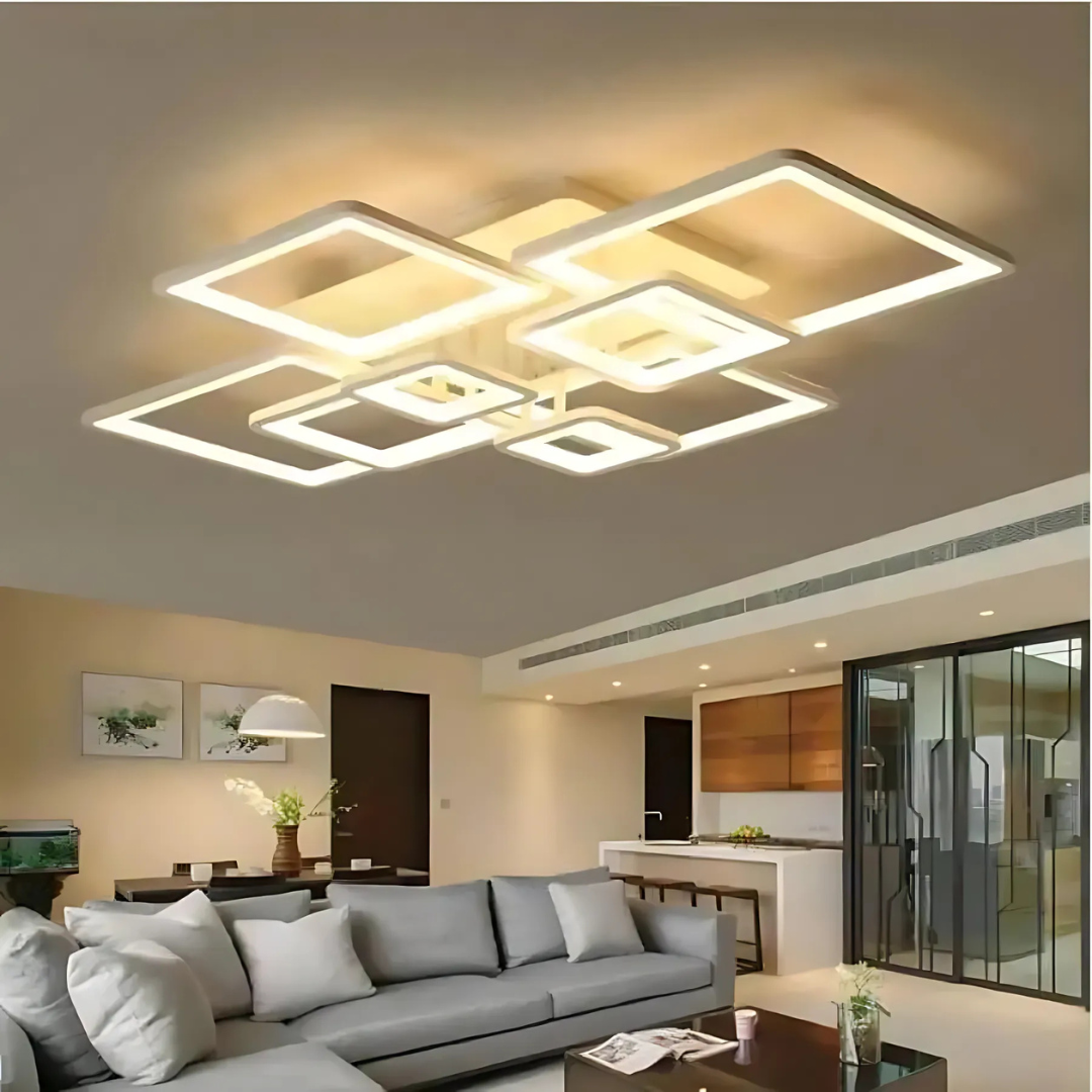 Lustra LED cu telecomanda ELLA 203W, 8 Patrate, lumina Rece/Calda/Neutra, Dimabila, Alb ModernLight Concept