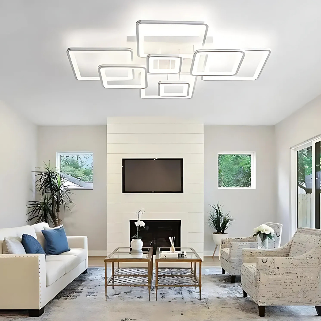 Lustra LED cu telecomanda ELLA 203W, 8 Patrate, lumina Rece/Calda/Neutra, Dimabila, Alb ModernLight Concept