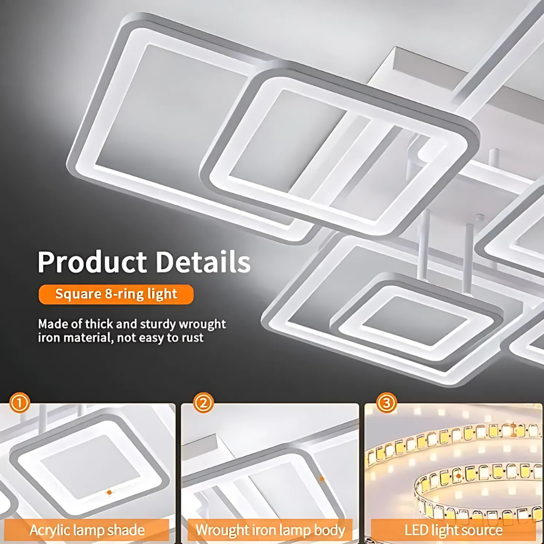 Lustra LED cu telecomanda ELLA 203W, 8 Patrate, lumina Rece/Calda/Neutra, Dimabila, Alb ModernLight Concept