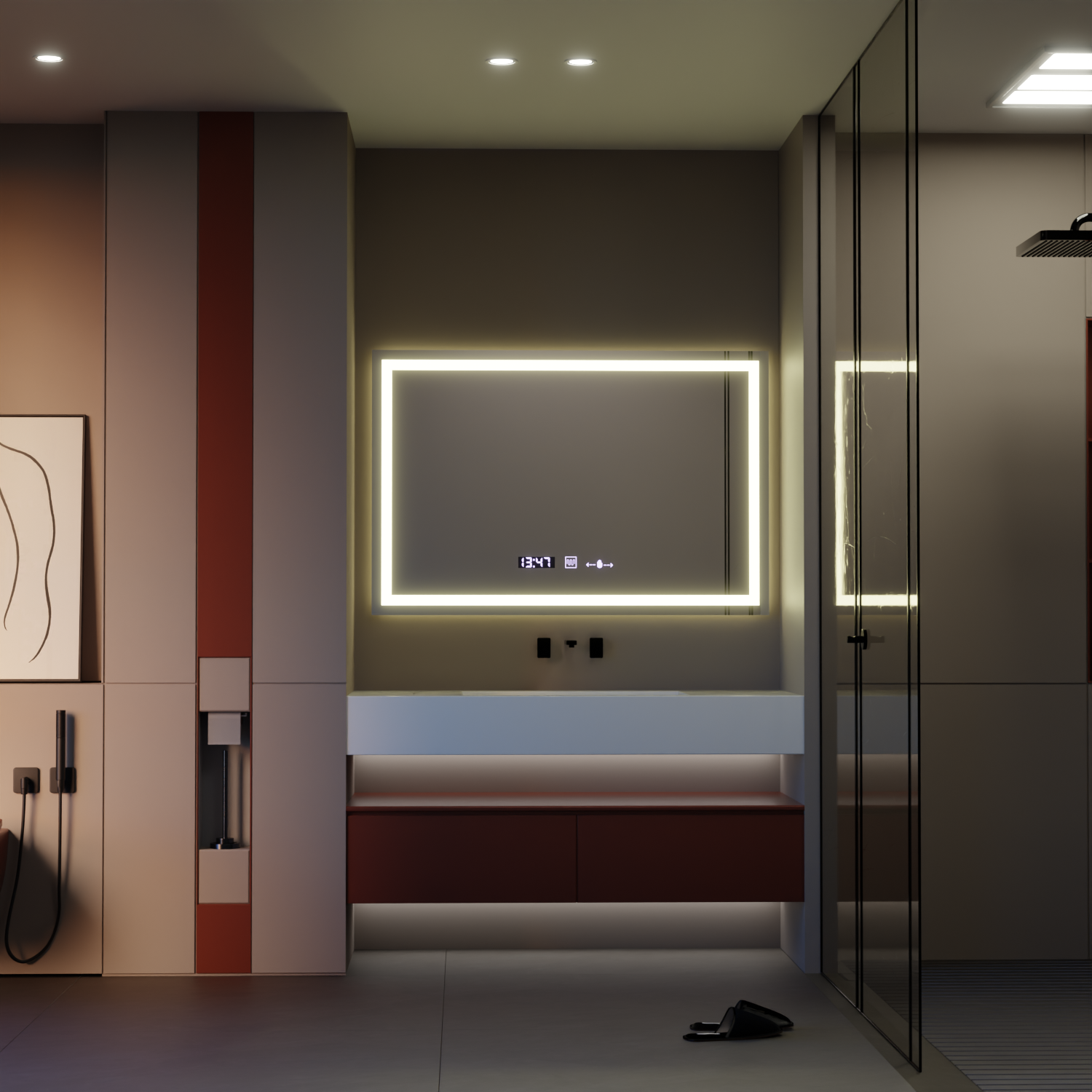 Oglinda LED Rectangulara 120x80cm Verite MotionGlow Marcello, Sistem Dezaburire, Ceas & Termometru, Dimabila ModernLight Concept