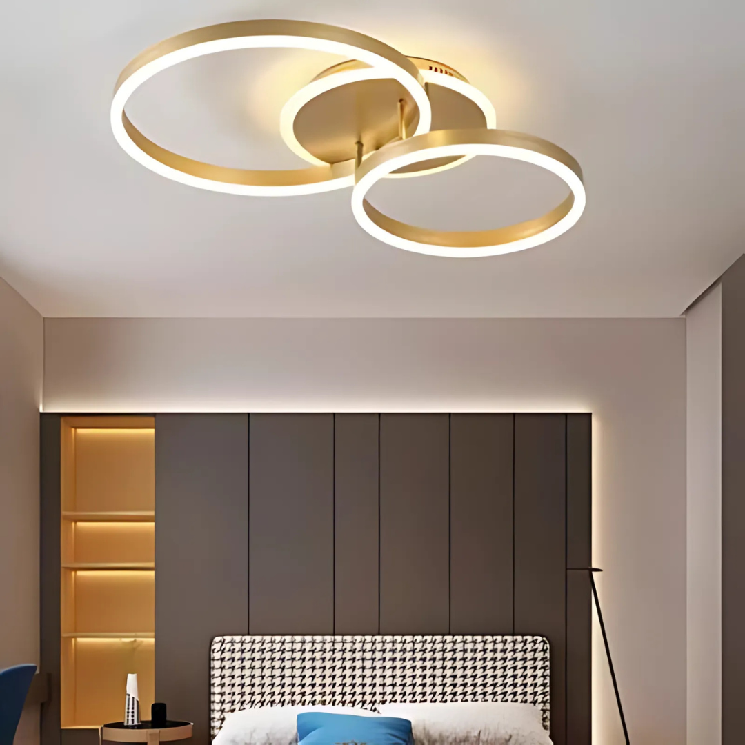 Lustra LED cu telecomanda ELISABETH 72W, 2 Cercuri, lumina Rece/Calda/Neutra, Dimabila, Auriu Lucios ModernLight Concept