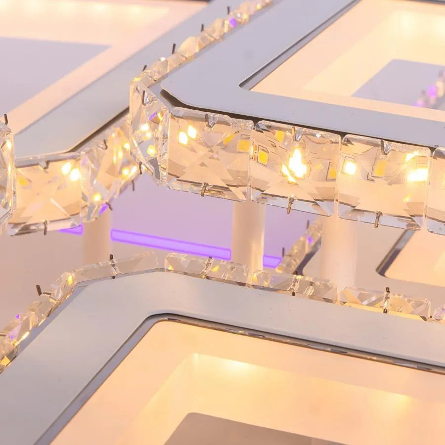 Lustra LED cu telecomanda si cristal QUADRIS RGB 170W, 6 Patrate, Lumina Rece/Calda/Neutra, Dimabila, Alb ModernLight Concept