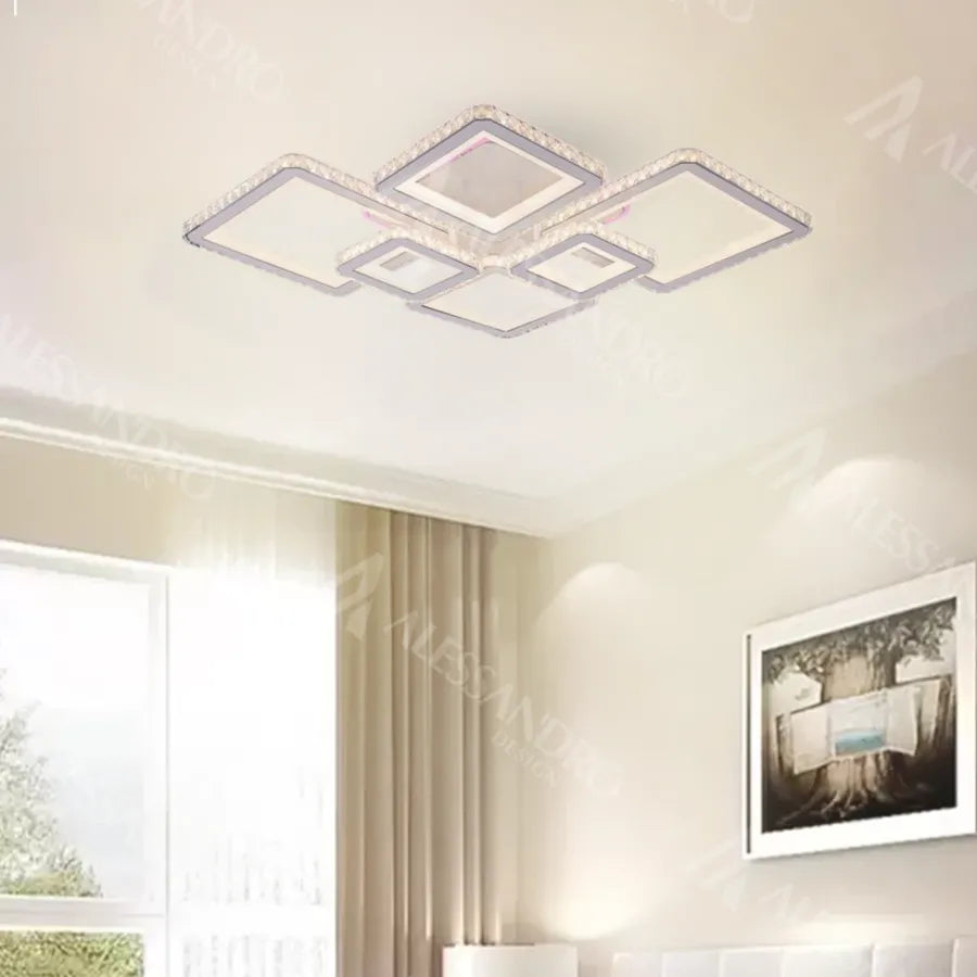 Lustra LED cu telecomanda si cristal QUADRIS RGB 170W, 6 Patrate, Lumina Rece/Calda/Neutra, Dimabila, Alb ModernLight Concept