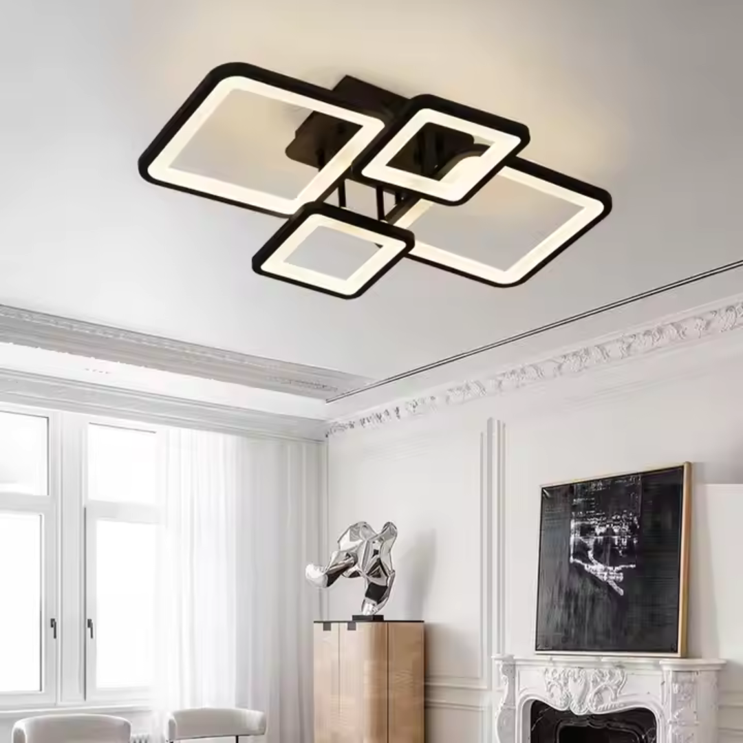 Lustra LED cu telecomanda ELLA 85W, 4 Patrate, lumina Rece/Calda/Neutra, Dimabila, Negru ModernLight Concept