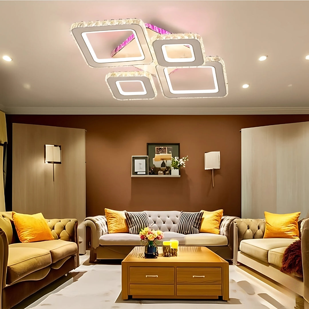 Lustra LED cu telecomanda si cristal TERRANO RGB 162W, 4 Patrate, lumina Rece/Calda/Neutra, Dimabila, Alb Crom Lucios ModernLight Concept