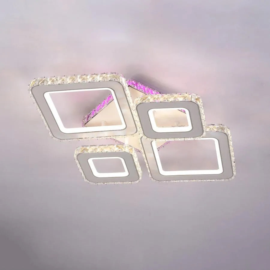 Lustra LED cu telecomanda si cristal TERRANO RGB 162W, 4 Patrate, lumina Rece/Calda/Neutra, Dimabila, Alb Crom Lucios ModernLight Concept