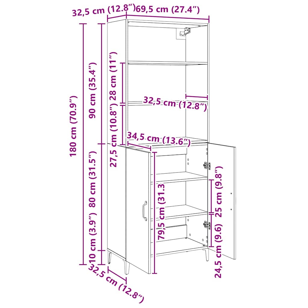 Bufet Stejar negru 69.5 x 32.5 x 180 cm Lemn compozit GartenMobel Dekor