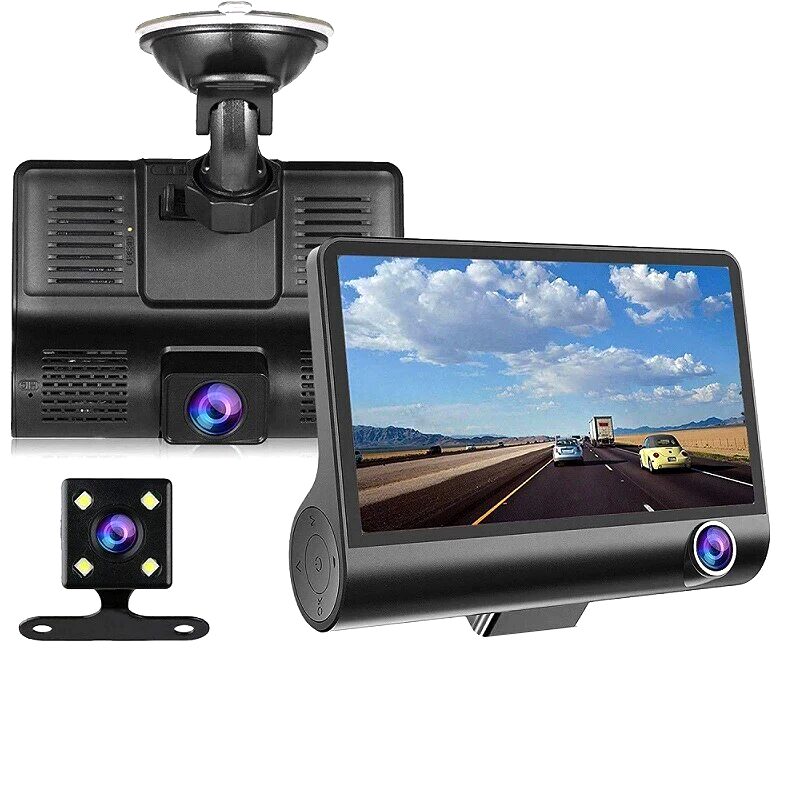 Camera auto DVR tripla, FullHD 1080P, inregistrare fata, interior si spate, display 4