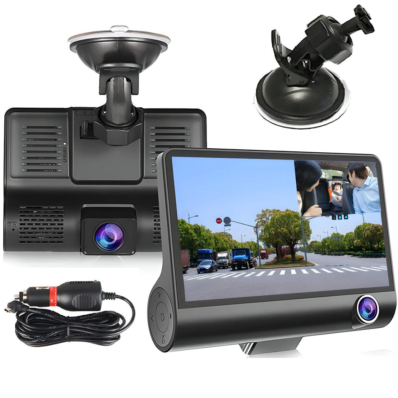 Camera auto DVR tripla, FullHD 1080P, inregistrare fata, interior si spate, display 4