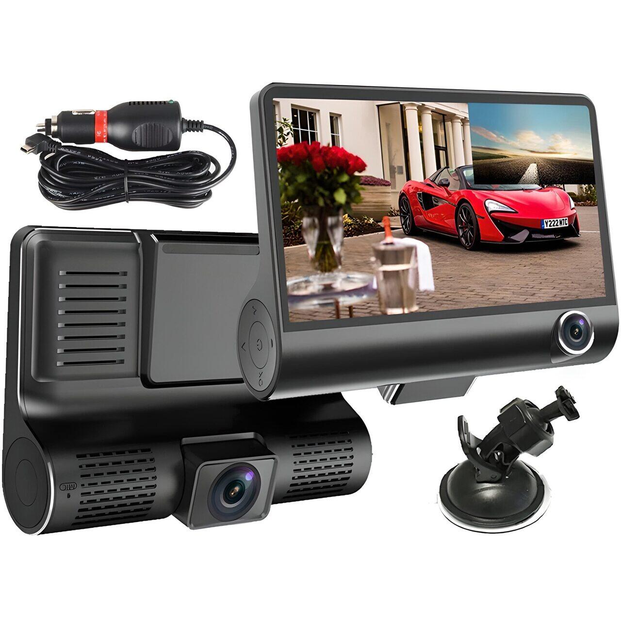Camera auto DVR tripla, FullHD 1080P, inregistrare fata, interior si spate, display 4