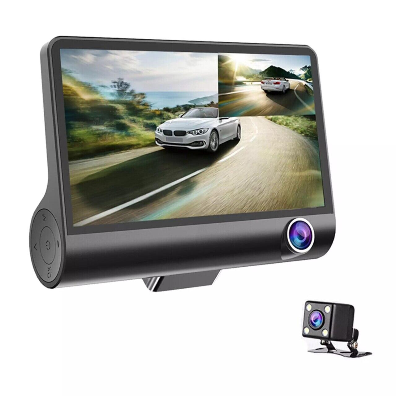 Camera auto DVR tripla, FullHD 1080P, inregistrare fata, interior si spate, display 4