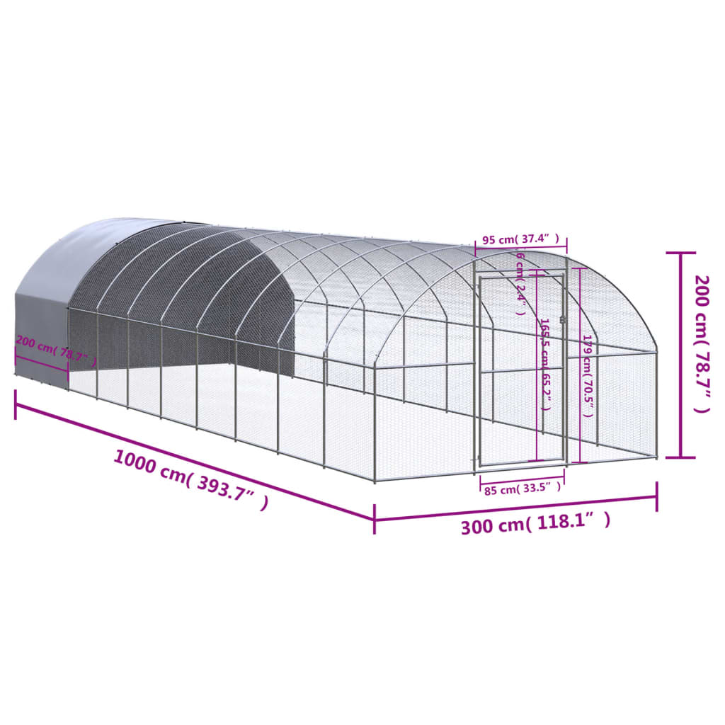 Coteț de găini pentru exterior, 3x10x2 m, oțel zincat GartenMobel Dekor