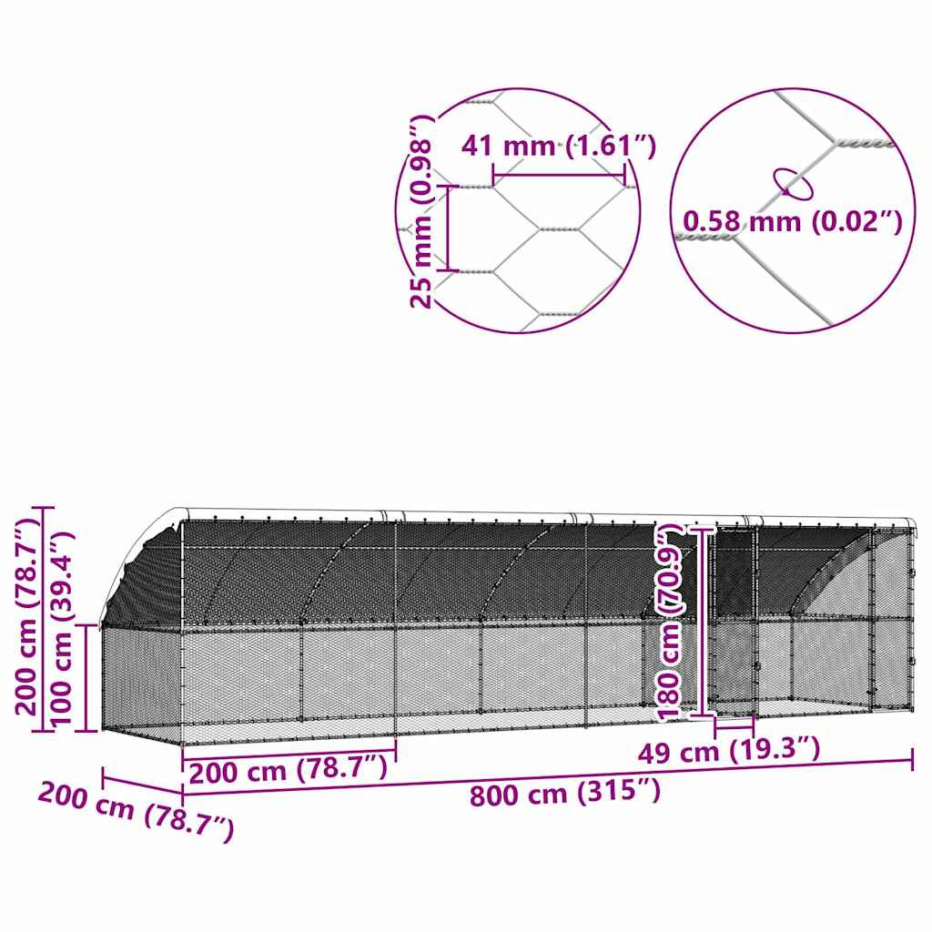 Cușcă pentru pui Argintiu 800 x 200 x 198.5 cm Oțel galvanizat GartenMobel Dekor