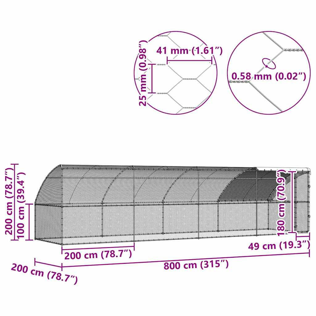 Cușcă pentru pui Argintiu 800 x 200 x 198.5 cm Oțel galvanizat GartenMobel Dekor