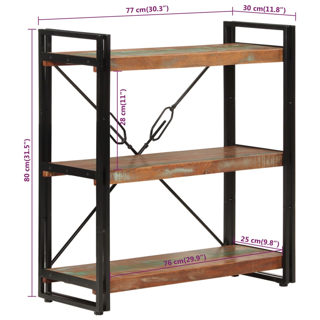 Bibliotecă cu 3 niveluri, 77x30x80 cm, lemn masiv reciclat/fier GartenMobel Dekor