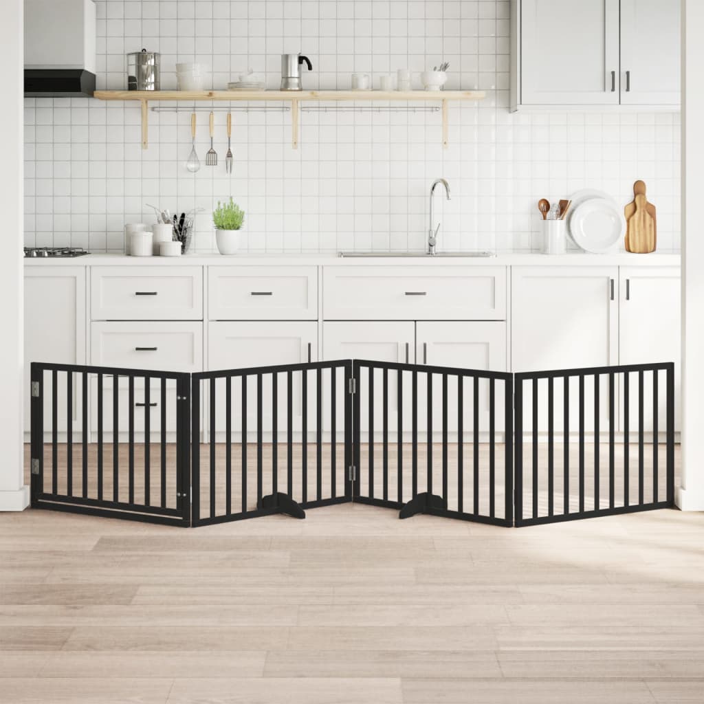 Poartă câini pliabilă cu ușă 4 panouri negru, 320 cm, lemn plop GartenMobel Dekor