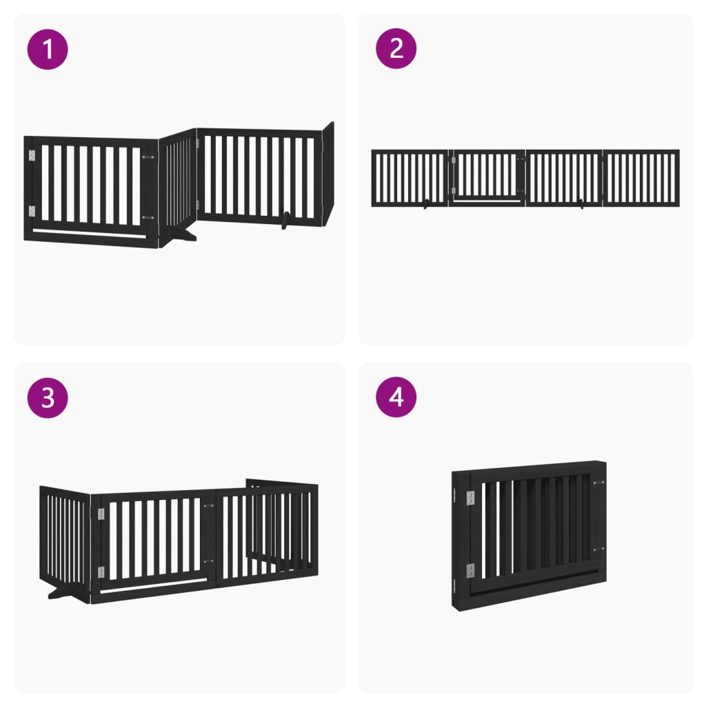 Poartă câini pliabilă cu ușă 4 panouri negru, 320 cm, lemn plop GartenMobel Dekor
