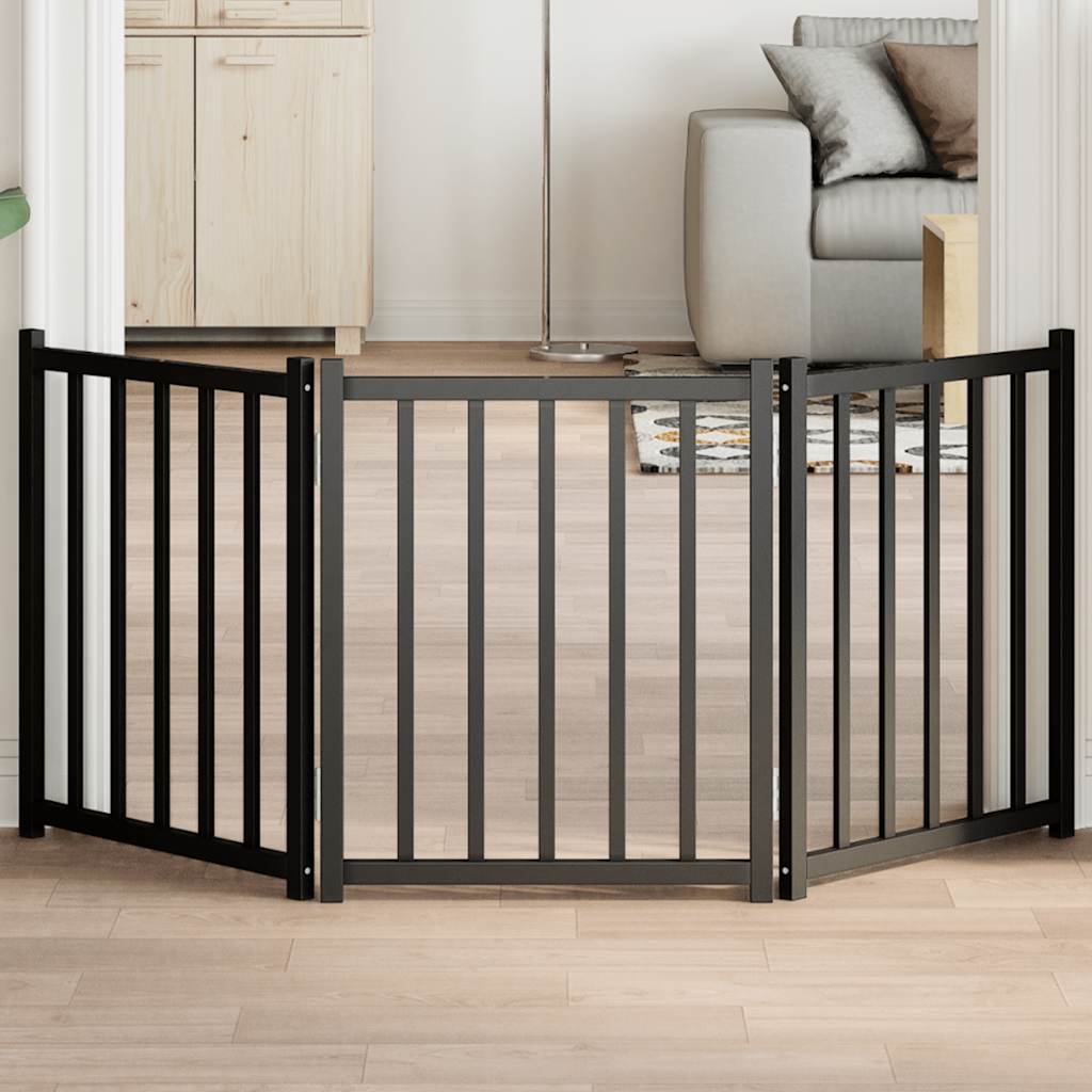 Poartă pentru câini pliabilă 3 panouri negru, 150 cm, lemn brad GartenMobel Dekor
