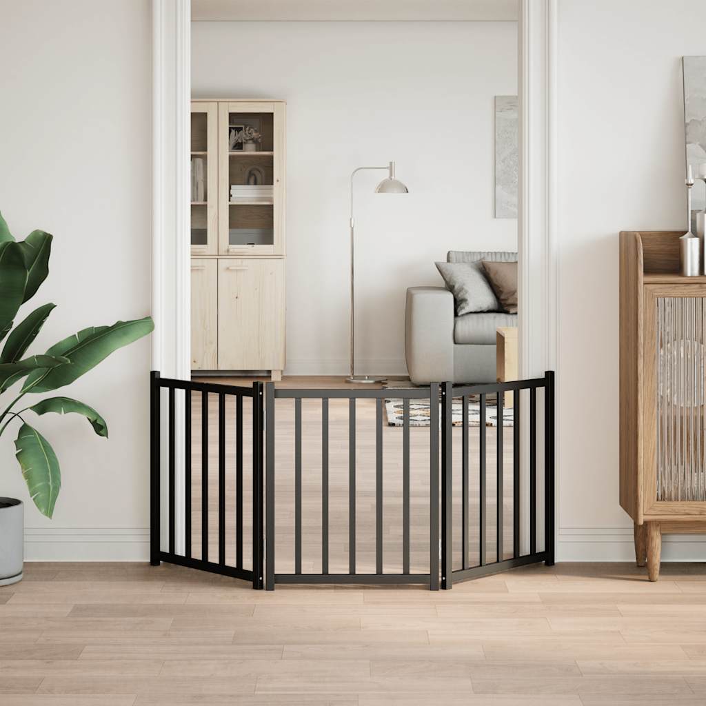 Poartă pentru câini pliabilă 3 panouri negru, 150 cm, lemn brad GartenMobel Dekor