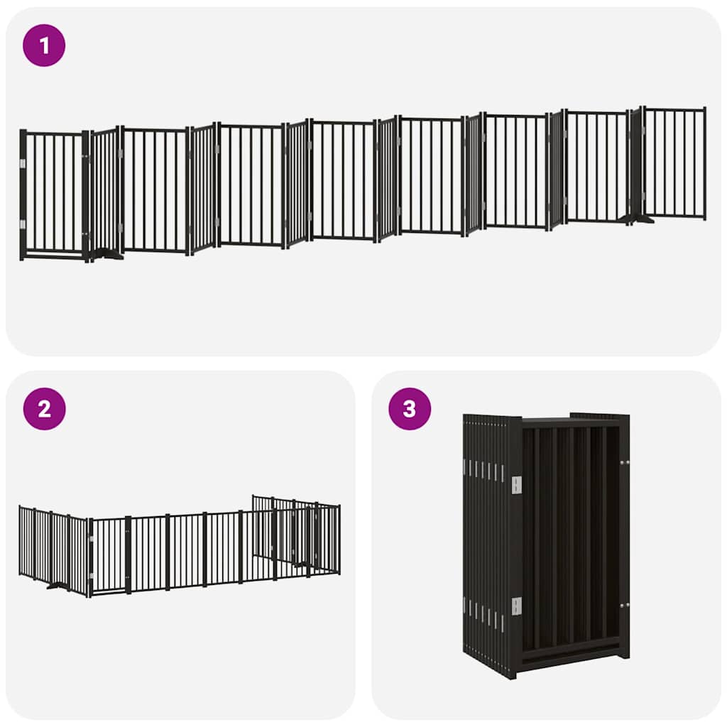 Poartă câini pliabilă cu ușă 15 panouri negru 750 cm, lemn plop GartenMobel Dekor