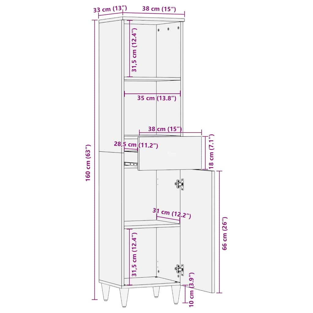 Dulap de Baie cu ușă Alb 38 x 33.5 x 160 cm Lemn solid de mango GartenMobel Dekor