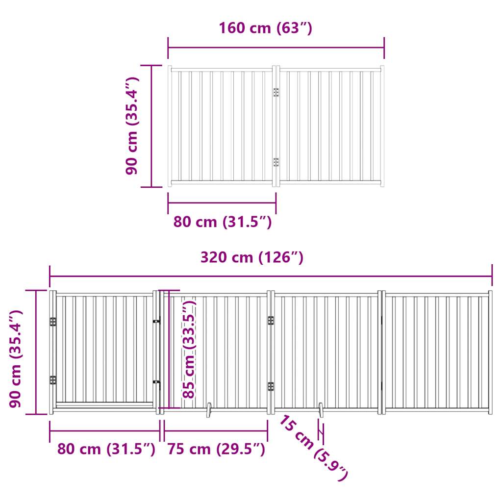 Poartă câini pliabilă cu ușă 8 panouri, alb, 640 cm, lemn plop GartenMobel Dekor