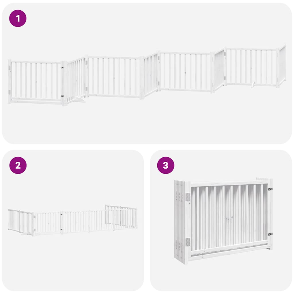 Poartă câini pliabilă cu ușă 8 panouri, alb, 640 cm, lemn plop GartenMobel Dekor