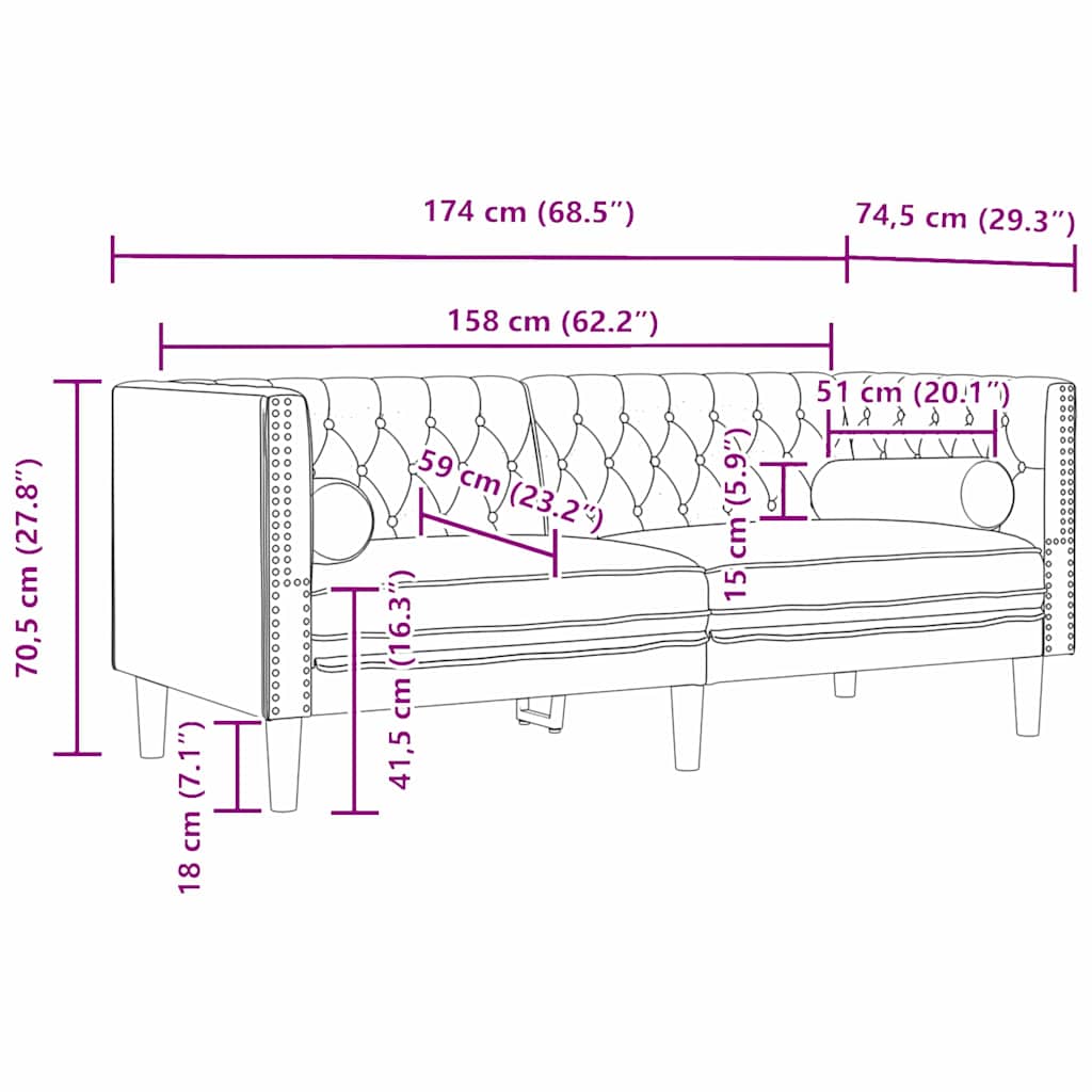 Canapea Chesterfield Gri deschis 174 x 74.5 x 70.5 cm Catifea GartenMobel Dekor