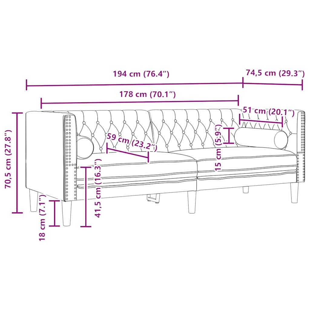 Canapea Chesterfield Gri închis 194 x 74.5 x 70.5 cm Catifea GartenMobel Dekor