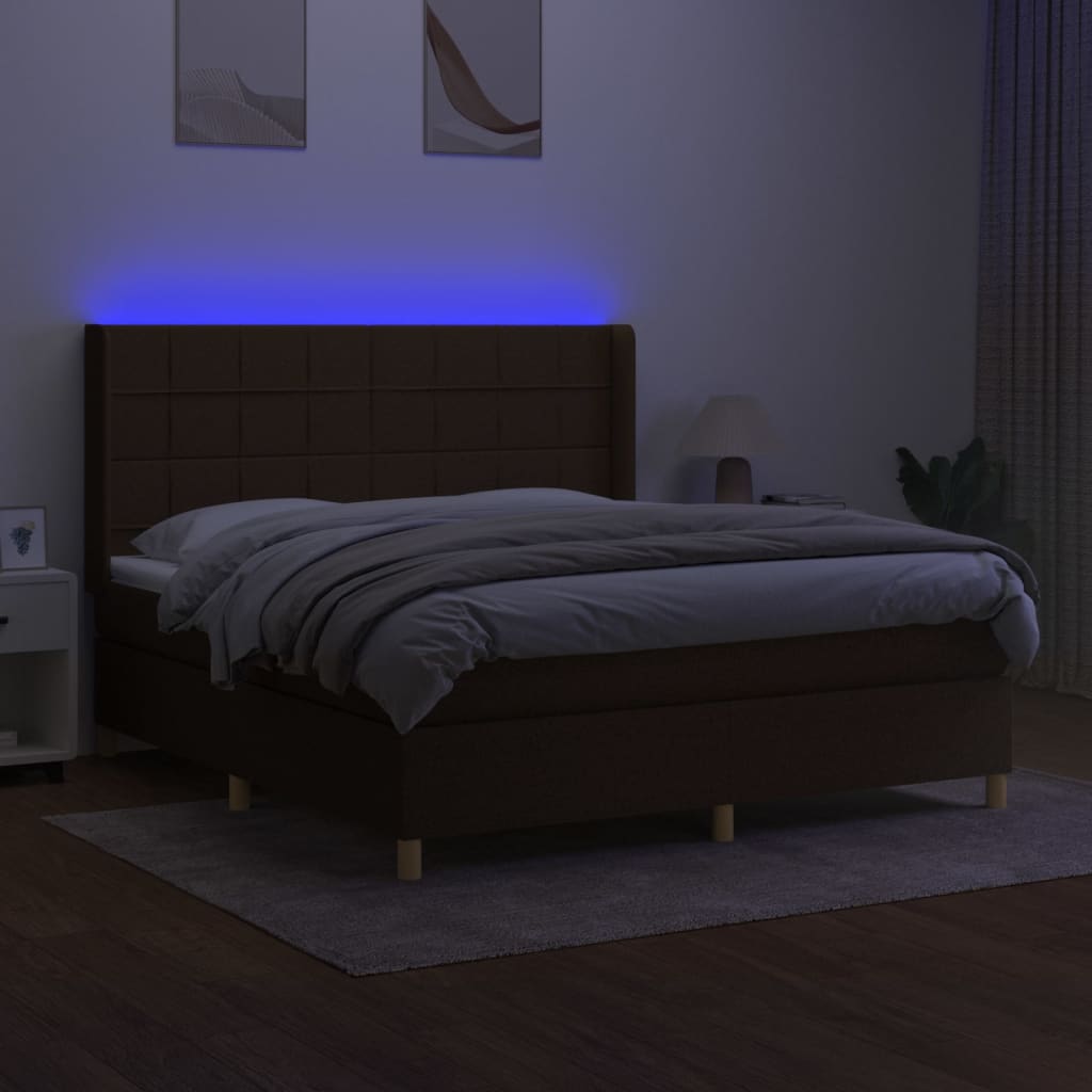 Pat cu arcuri, saltea și LED, maro închis, 160x200 cm, textil GartenMobel Dekor