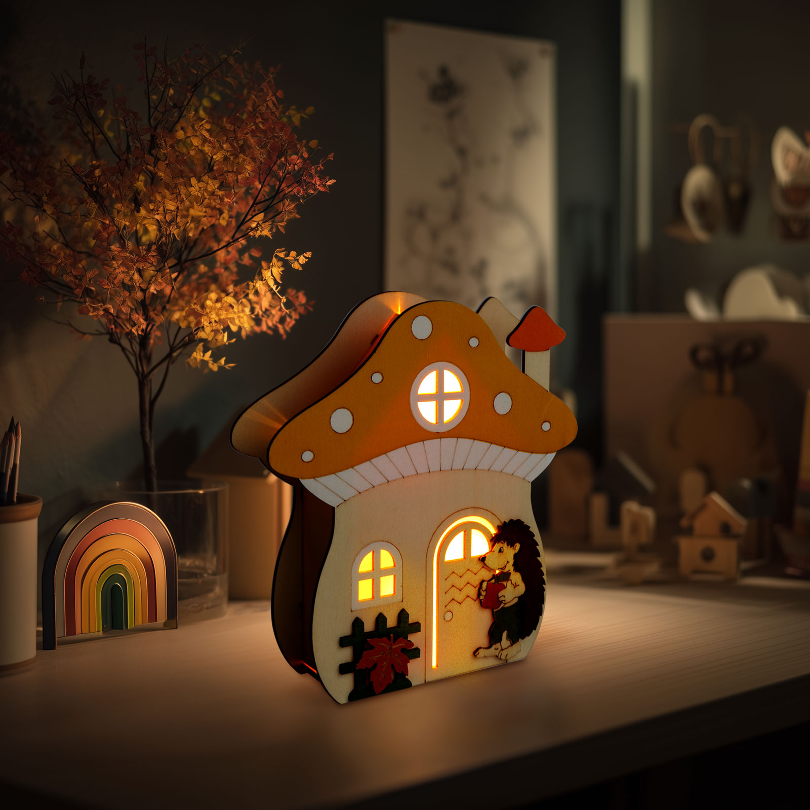 Decorațiune luminoasă de toamnă – căsuță-ciupercă cu arici – lemn – 15 x 16 x 5 cm Best CarHome