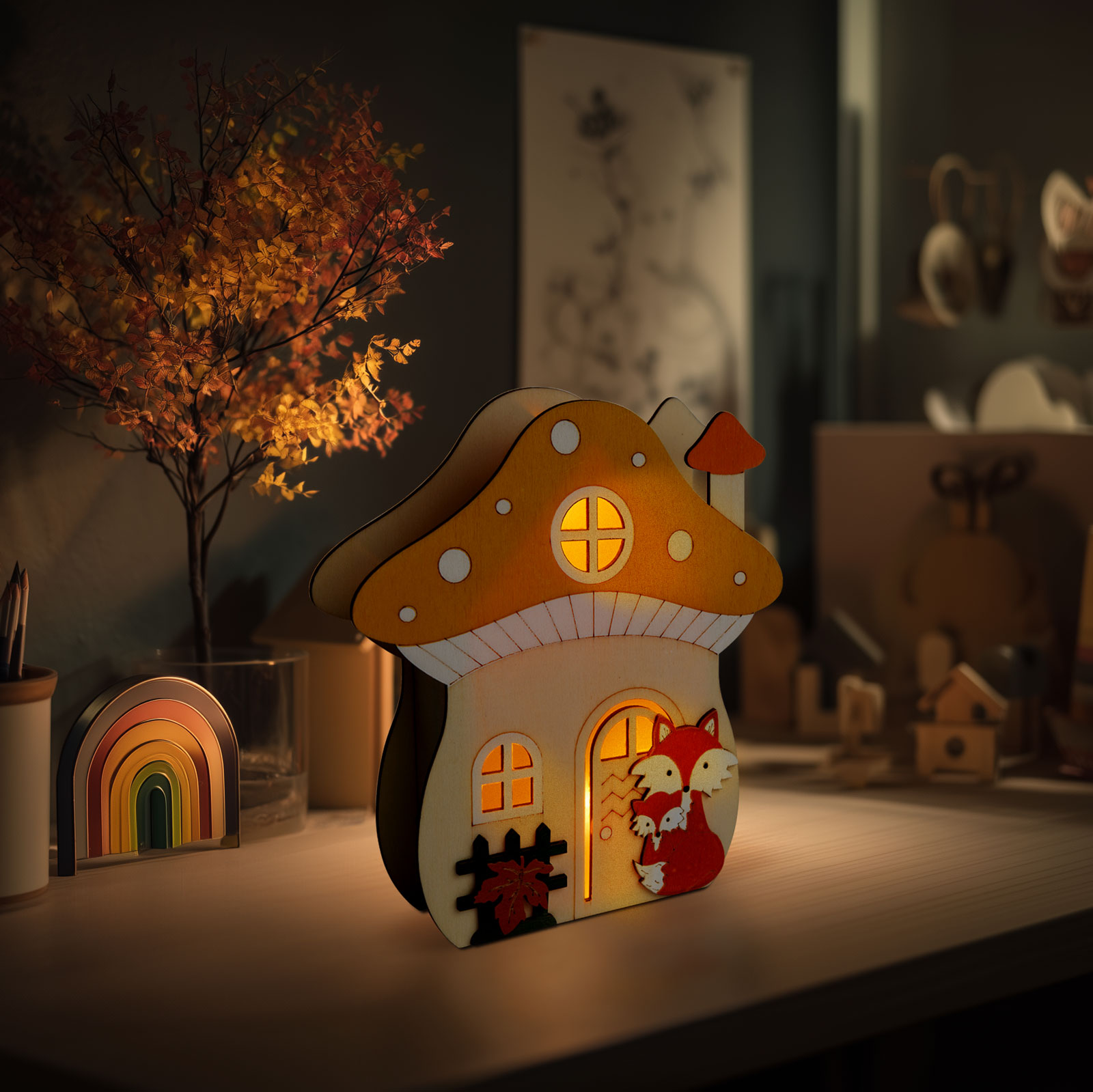 Decorațiune luminoasă de toamnă – căsuță-ciupercă cu vulpe – lemn – 15 x 16 x 5 cm Best CarHome