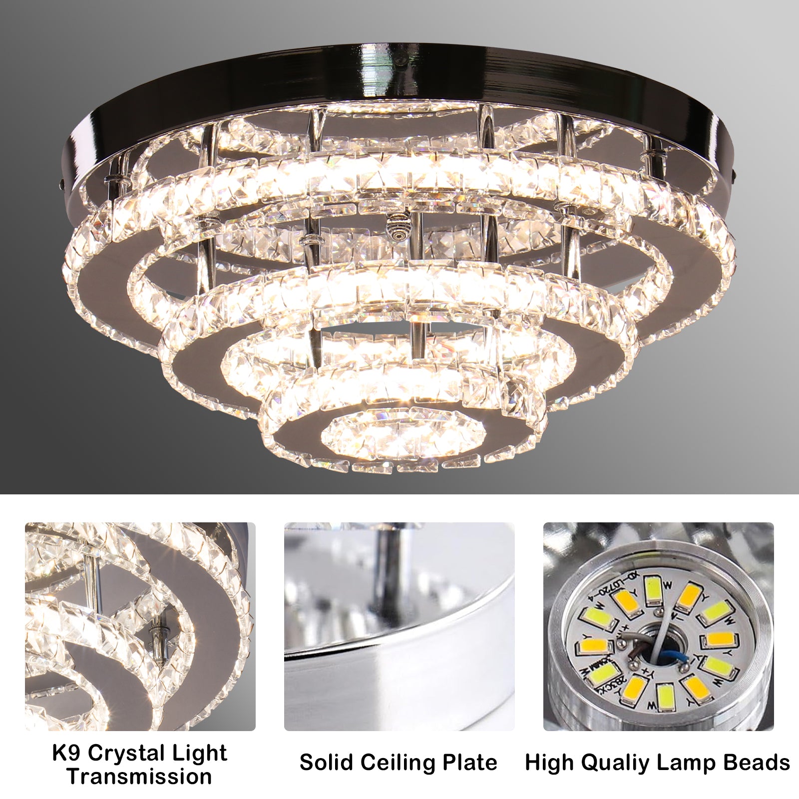 Lustra LED Cristal LLC151/500CH, 64W, 3 Elemente, lumina Rece/Calda/Neutra, Dimabila, Crom Lucios ModernLight Concept
