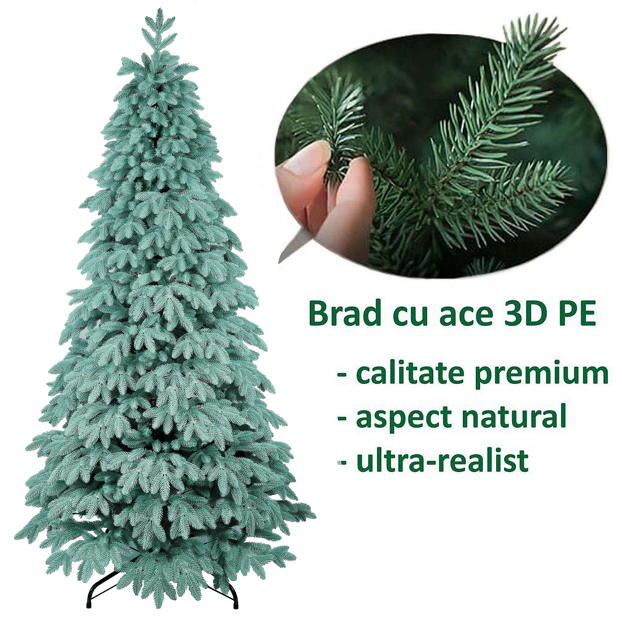 Brad Artificial Premium Blue 591 Ramuri Full 3D PE Albastru/Argintiu/Verde 220 cm