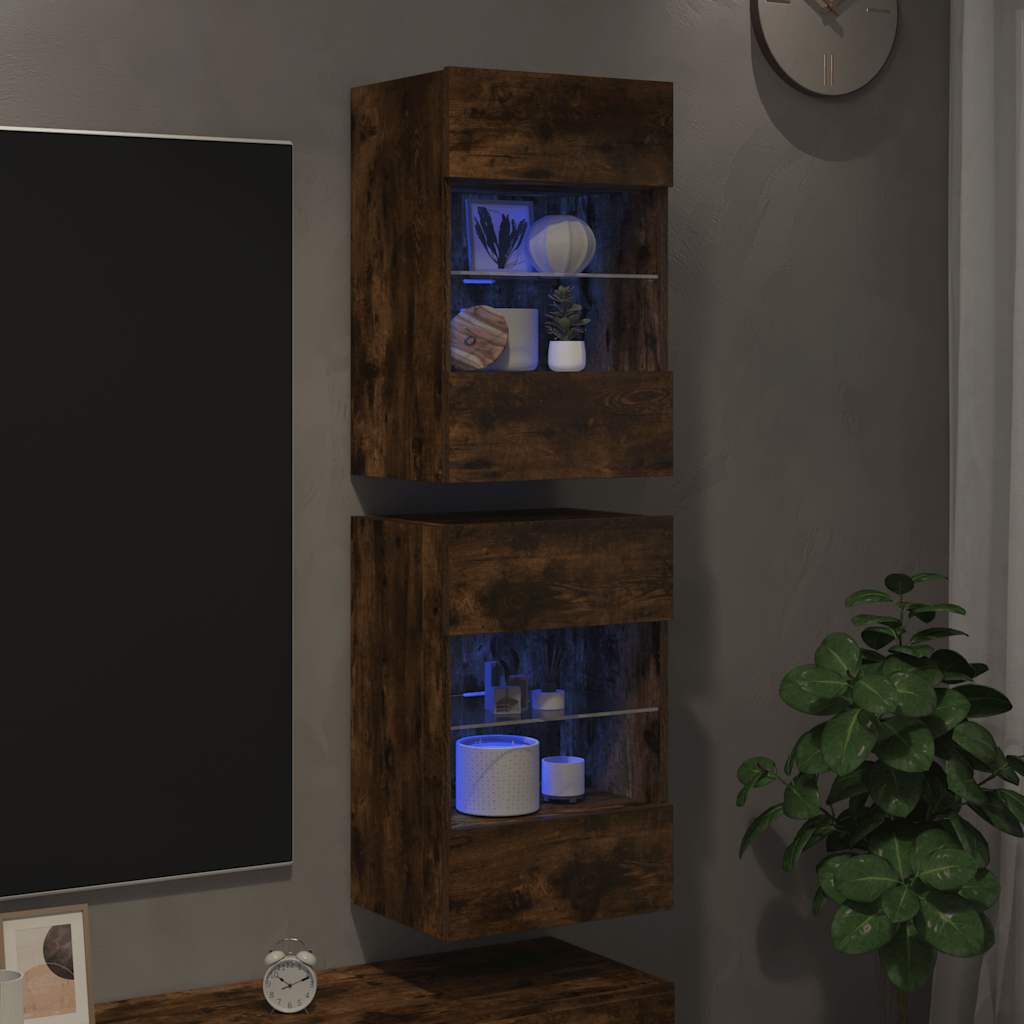 Comode de perete cu lumini LED pentru TV, 2 buc. stejar fumuriu, 40x30x60,5cm GartenMobel Dekor