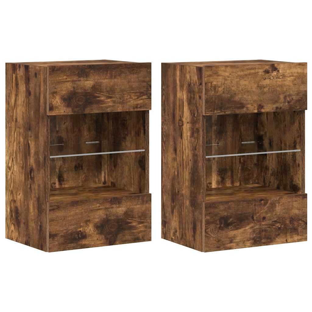 Comode de perete cu lumini LED pentru TV, 2 buc. stejar fumuriu, 40x30x60,5cm GartenMobel Dekor