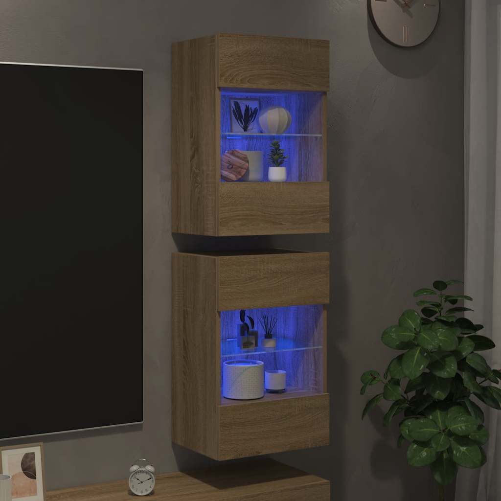 Comode de perete cu lumini LED pentru TV, 2 buc. stejar sonoma, 40x30x60,5 cm GartenMobel Dekor
