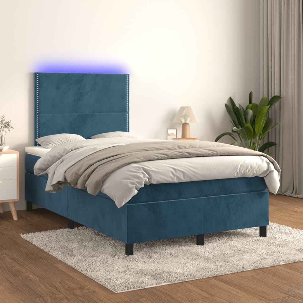 Pat box spring cu saltea/LED albastru închis 120x190cm catifea GartenMobel Dekor