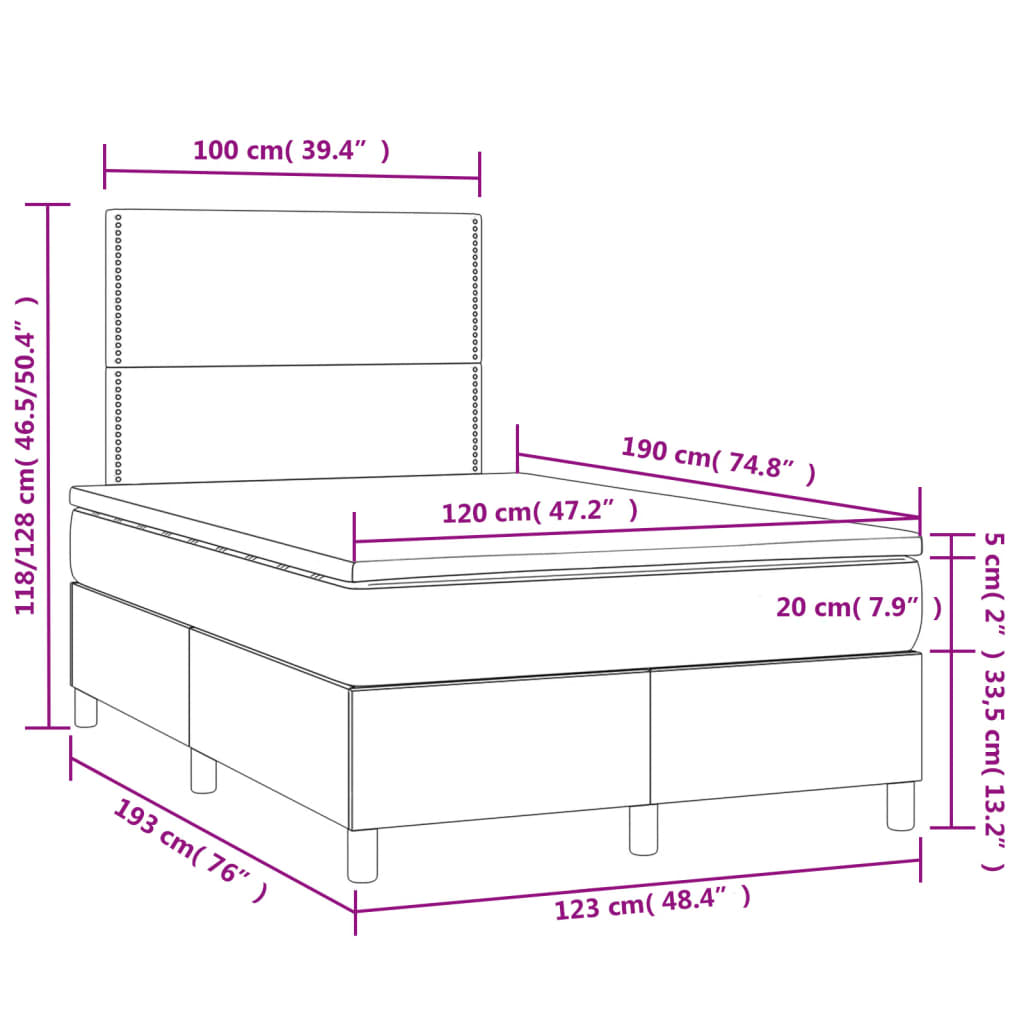 Pat box spring cu saltea/LED albastru închis 120x190cm catifea GartenMobel Dekor
