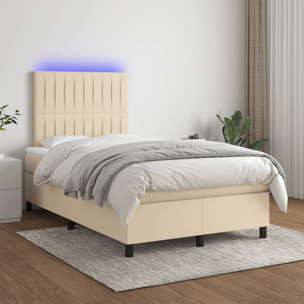 Pat cu arcuri, saltea și LED, crem, 120x190 cm, textil GartenMobel Dekor