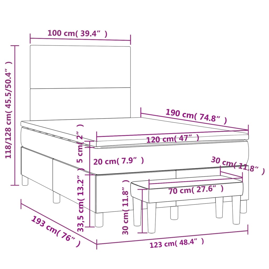 Pat box spring cu saltea, gri, 120x190 cm, piele ecologică GartenMobel Dekor