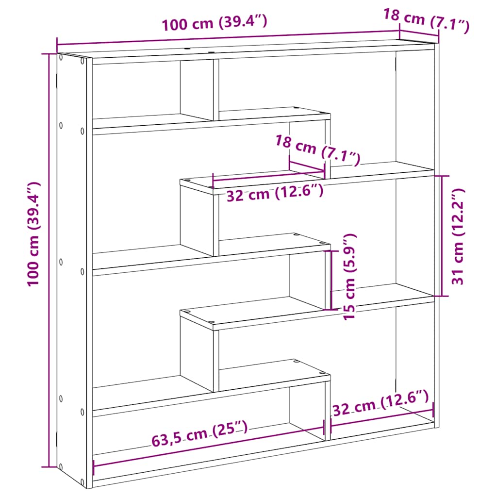 Raft cubic de perete cu 7 compartimente stejar artizanal lemn GartenMobel Dekor