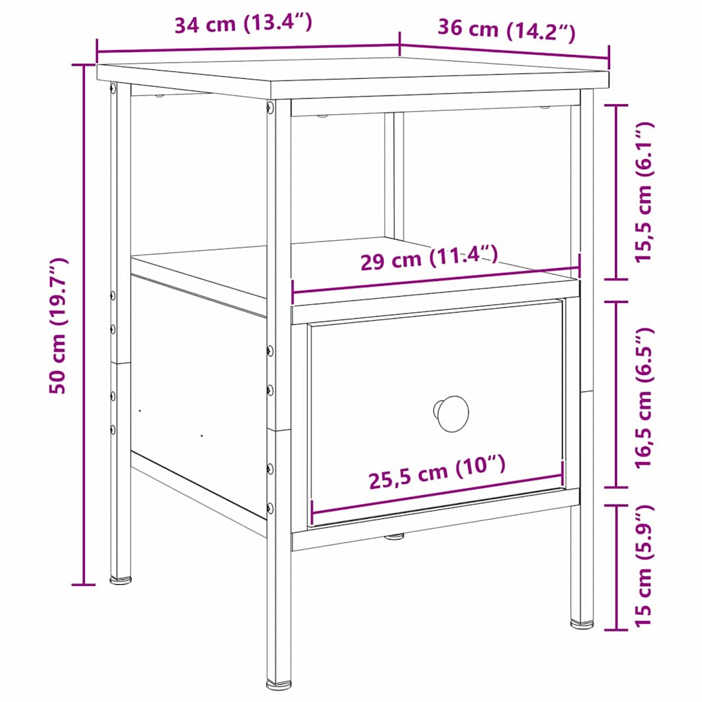 Noptieră Stejar negru 34 x 36 x 50 cm Lemn compus și metal GartenMobel Dekor