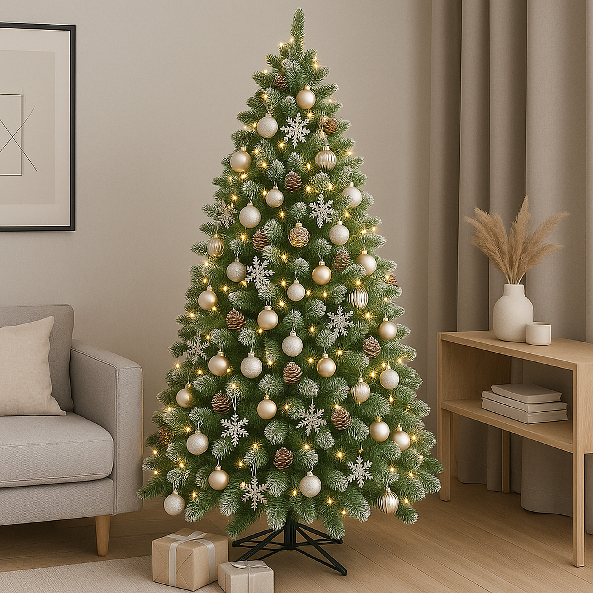 Brad Artificial Christmas New Verde cu Conuri Naturale si Varfuri Albe 220 cm