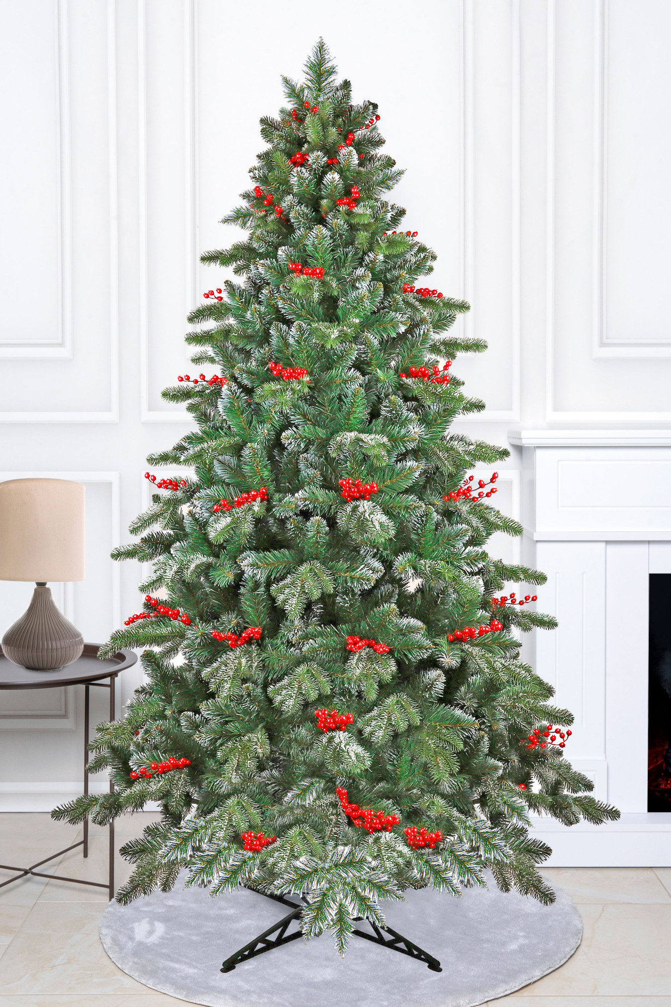 Brad Artificial Praga cu Fructe Rosii 545 Ramuri 3D PE si 2D PVC Verde/Alb 200 cm