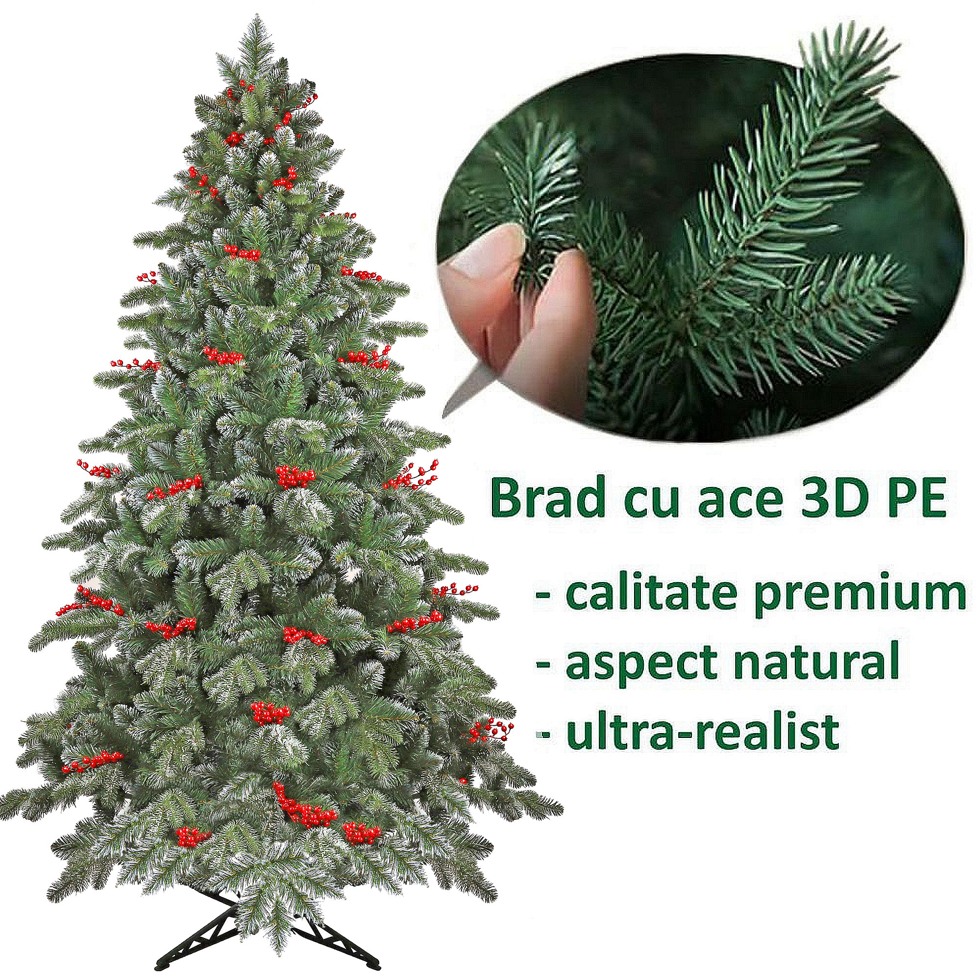 Brad Artificial Praga cu Fructe Rosii 545 Ramuri 3D PE si 2D PVC Verde/Alb 200 cm