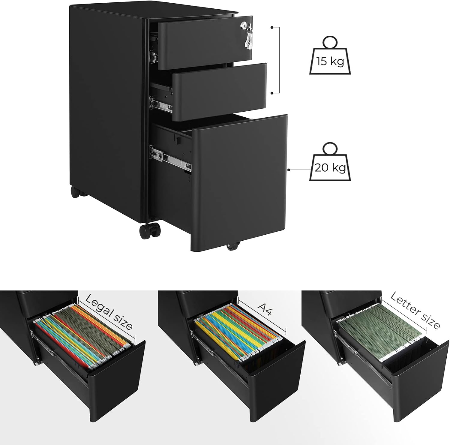SONGMICS Dulap birou rollbox, cu 3 sertare si roti, corp metalic preasamblat cu incuietoare, pentru documente A4, 46x30x59 cm, negru Household NewTrend